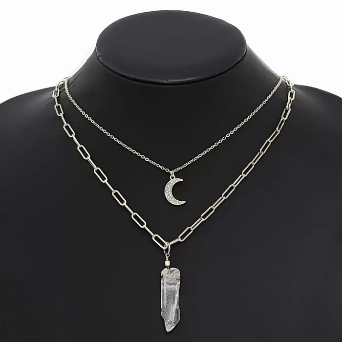 Crecent Moon And Crystal Rock Pendant Layered Chain Necklace