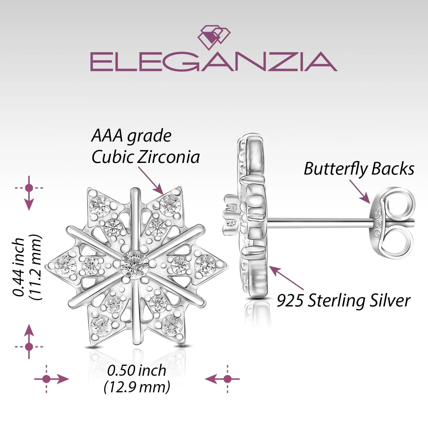 CZ Winter Star Snowflake Earrings Silver Stud Earrings