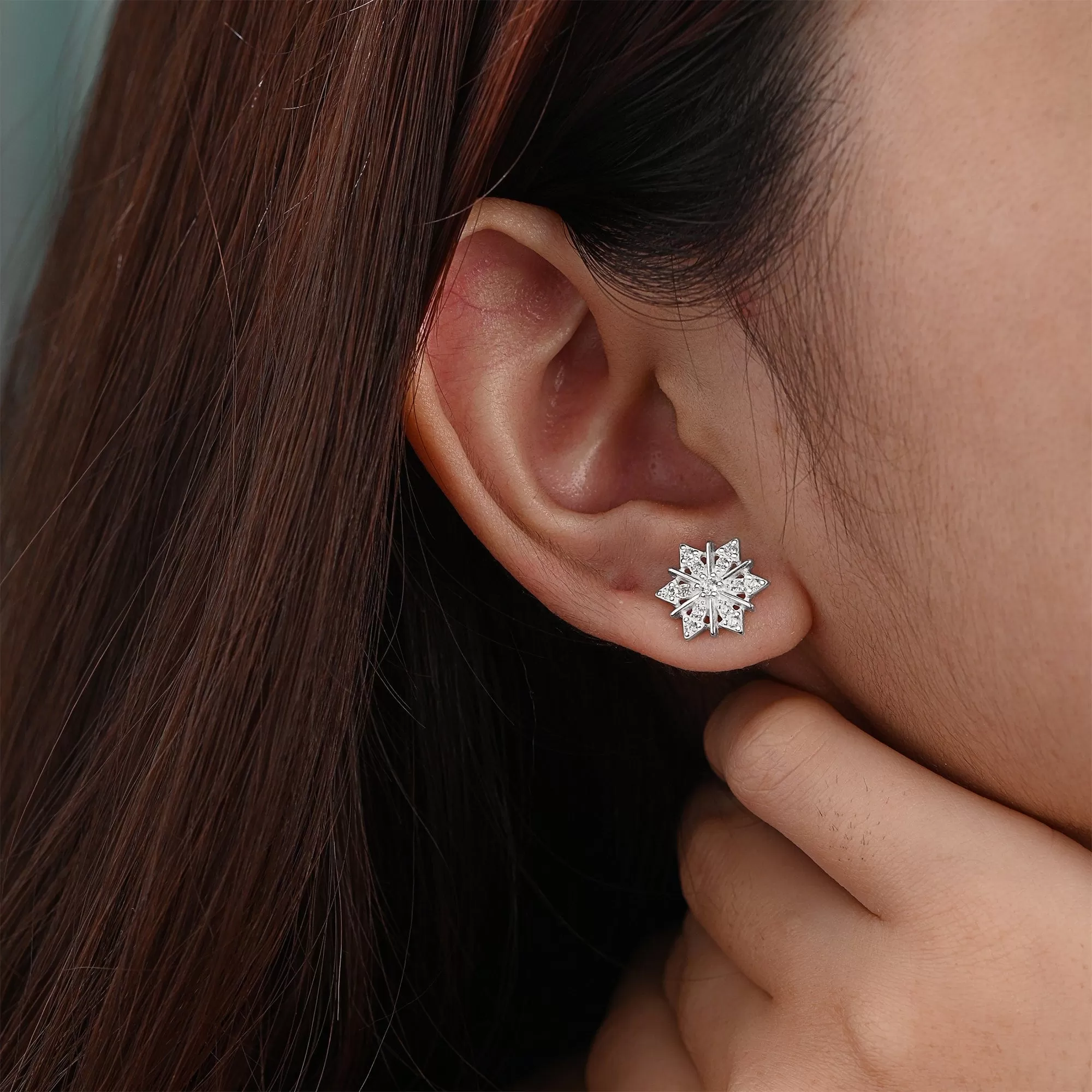 CZ Winter Star Snowflake Earrings Silver Stud Earrings