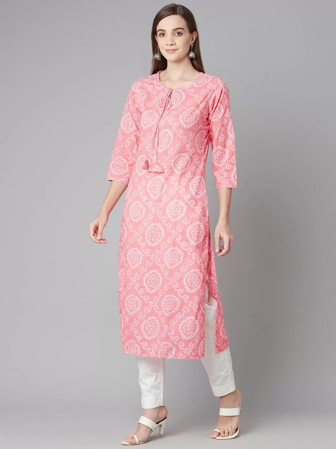 Divena Baby Pink Bandhej Straight Kurta