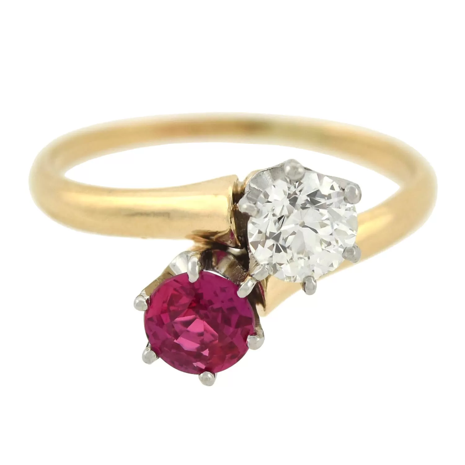 Edwardian 14kt/Platinum "Moi et Toi" Diamond   Pink Sapphire Bypass Ring