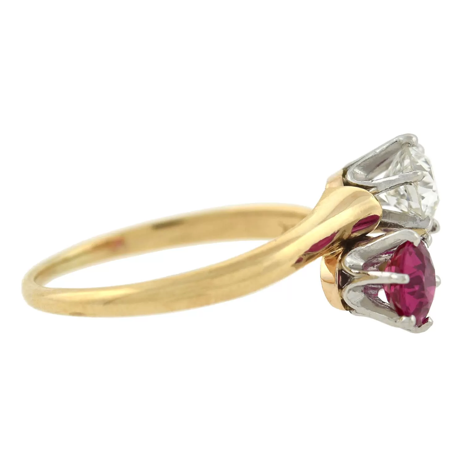 Edwardian 14kt/Platinum "Moi et Toi" Diamond   Pink Sapphire Bypass Ring