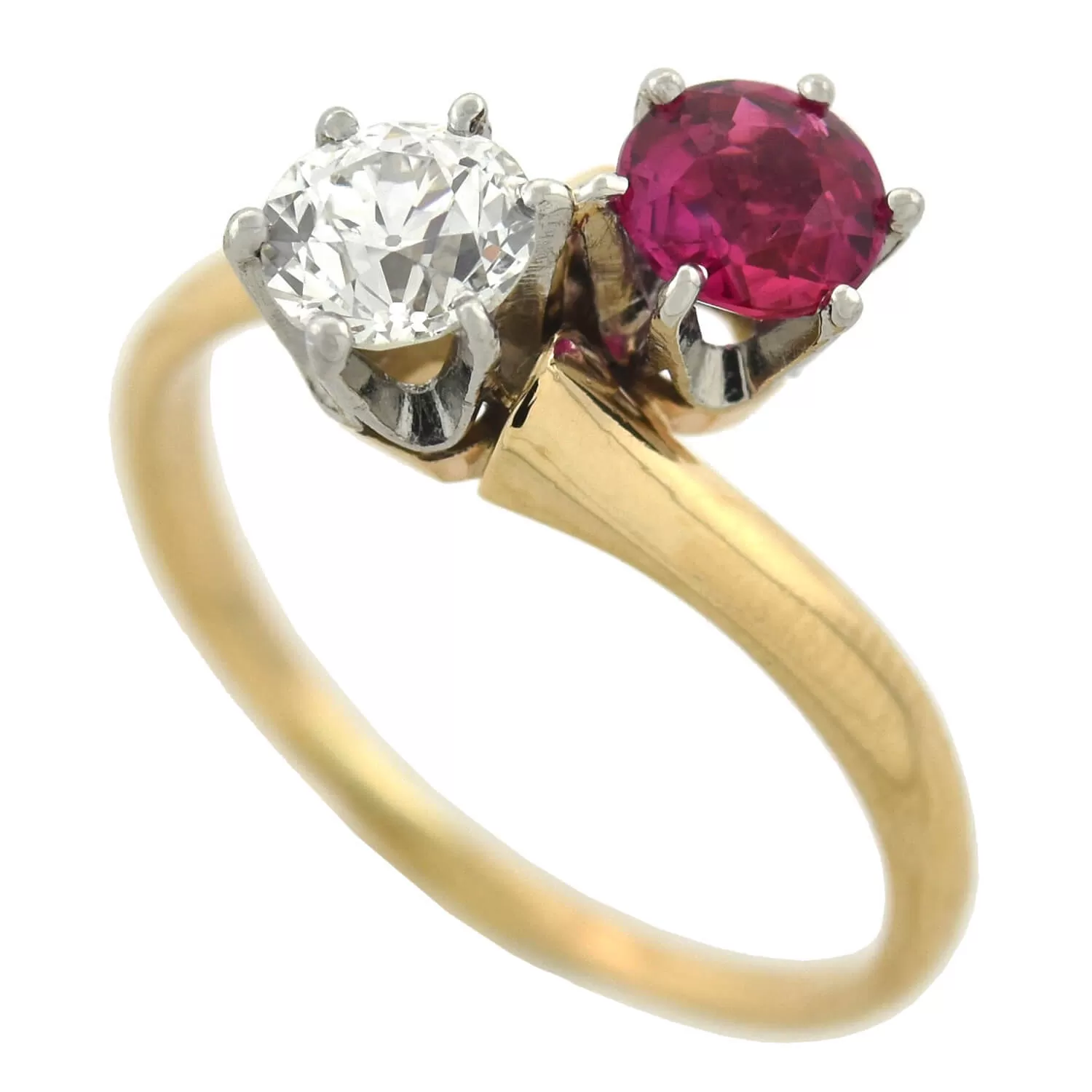 Edwardian 14kt/Platinum "Moi et Toi" Diamond   Pink Sapphire Bypass Ring