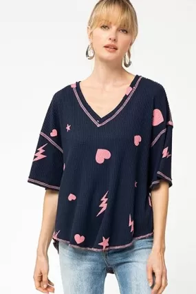 Entro Waffle Knit Short Sleeve Top with Hearts