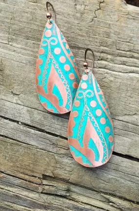 Etched Copper Teardrop Earrings with Blue Patina