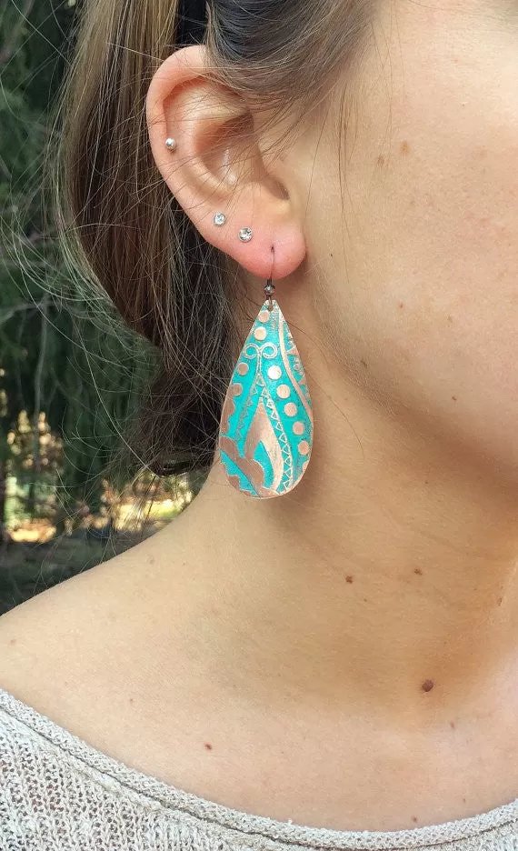 Etched Copper Teardrop Earrings with Blue Patina