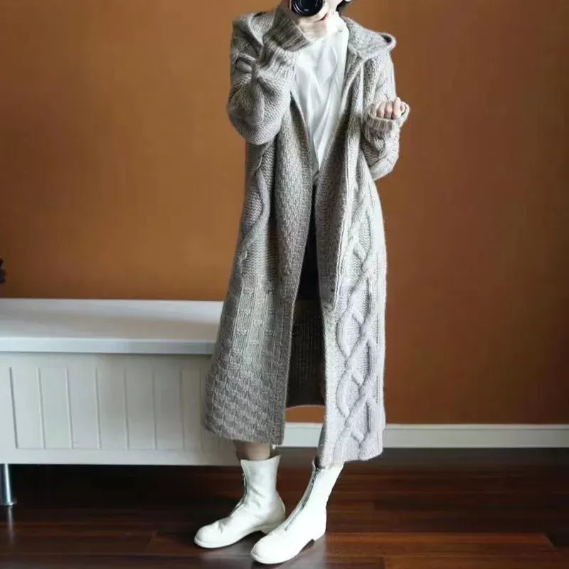 Fall Winter Women Knitted Cardigans Casual Hooded Long Sweaters