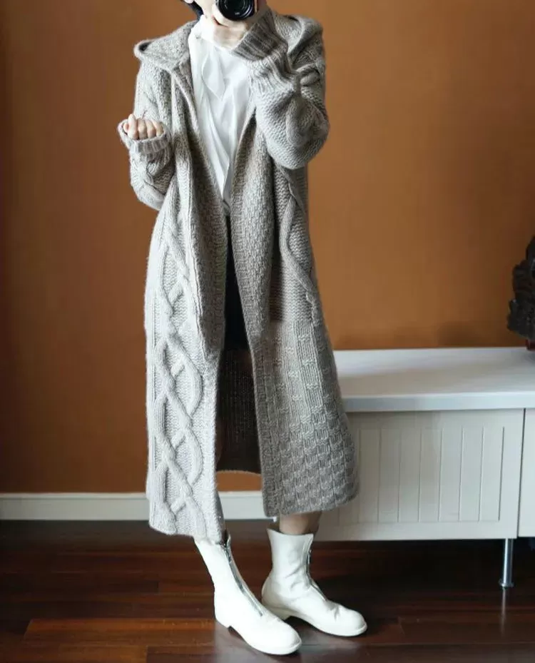 Fall Winter Women Knitted Cardigans Casual Hooded Long Sweaters