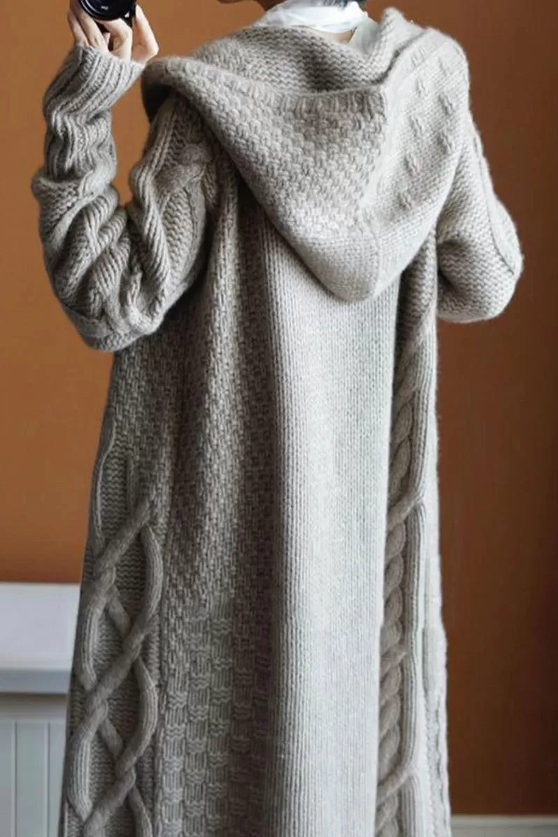 Fall Winter Women Knitted Cardigans Casual Hooded Long Sweaters