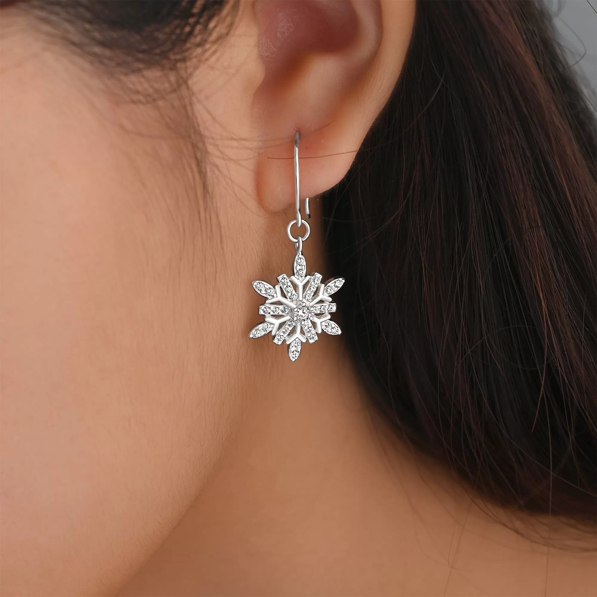 Frozen Winter CZ Snowflake Drop Earrings Silver