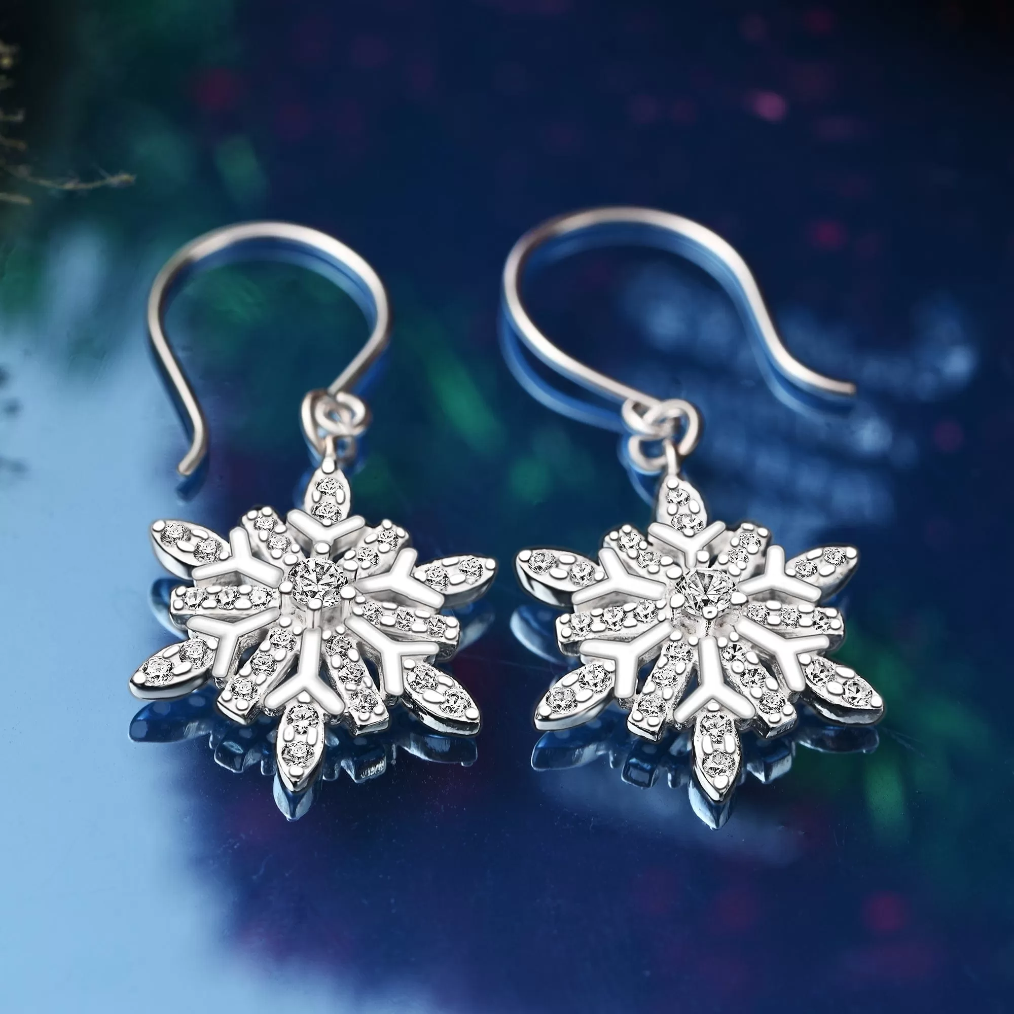 Frozen Winter CZ Snowflake Drop Earrings Silver