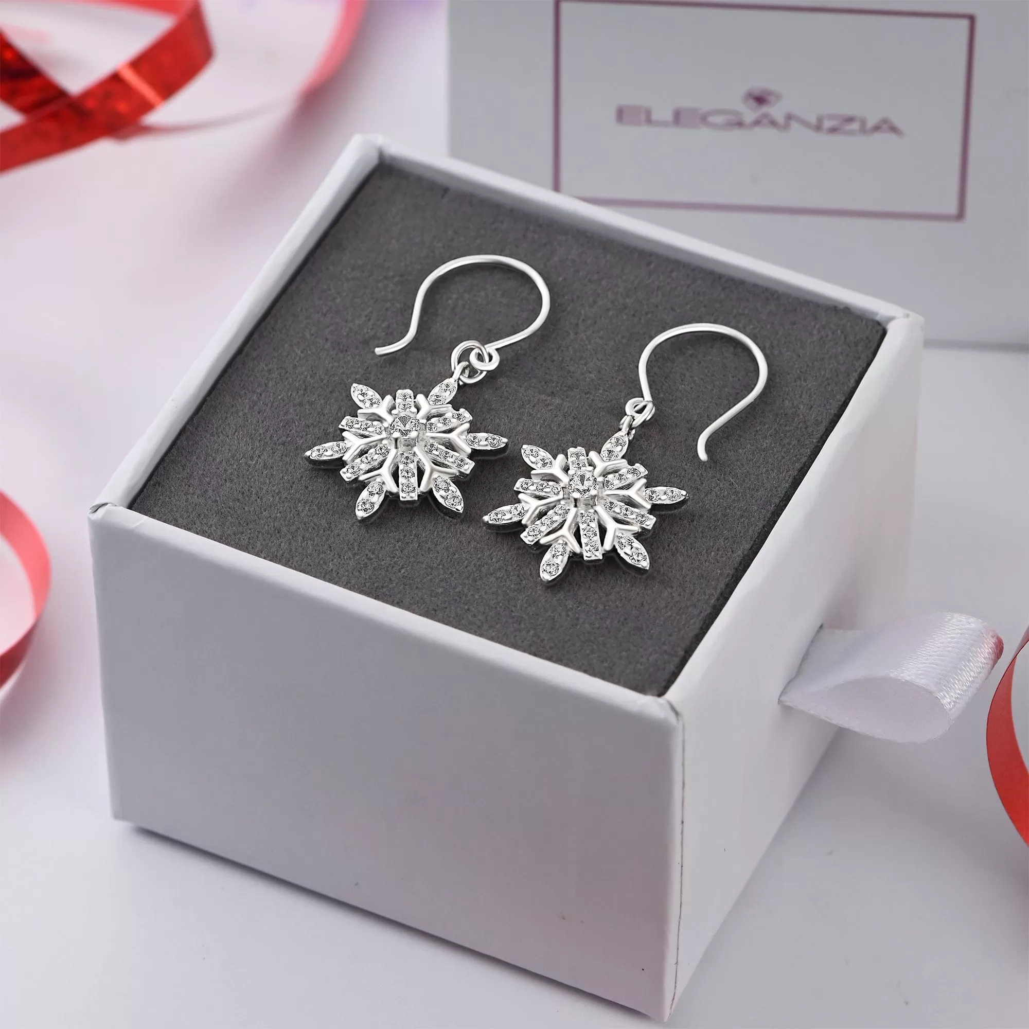 Frozen Winter CZ Snowflake Drop Earrings Silver