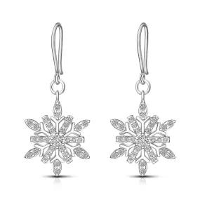 Frozen Winter CZ Snowflake Drop Earrings Silver