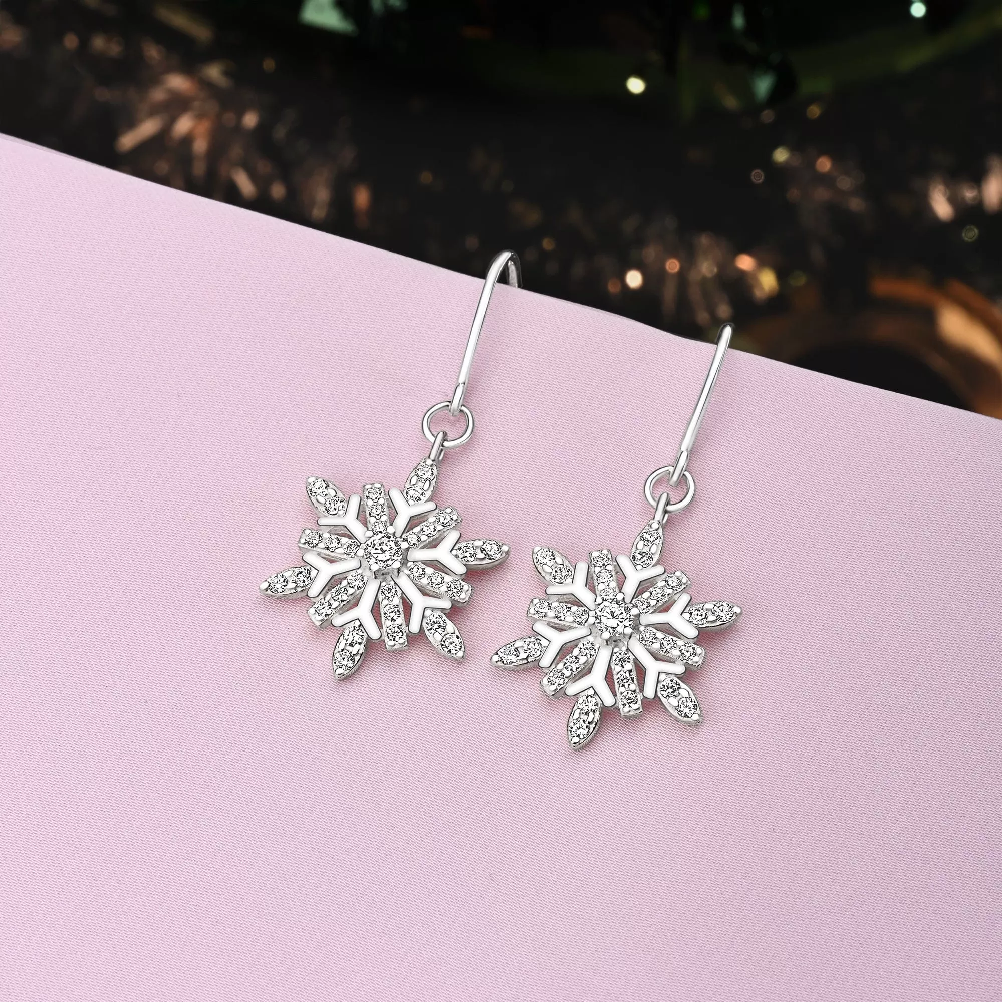 Frozen Winter CZ Snowflake Drop Earrings Silver