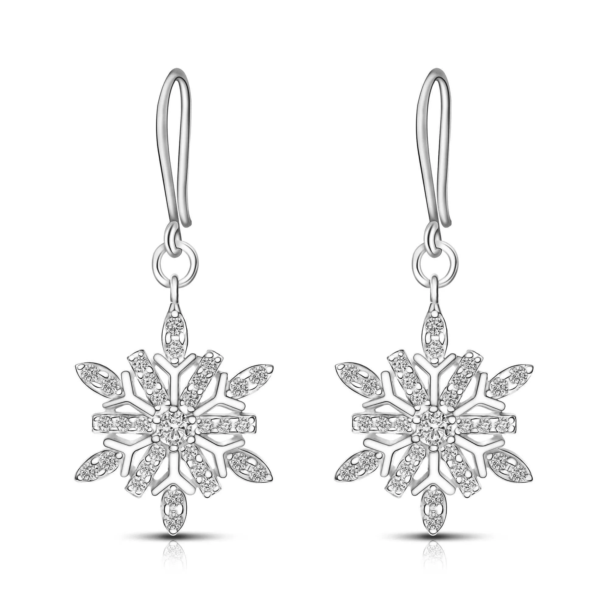 Frozen Winter CZ Snowflake Drop Earrings Silver