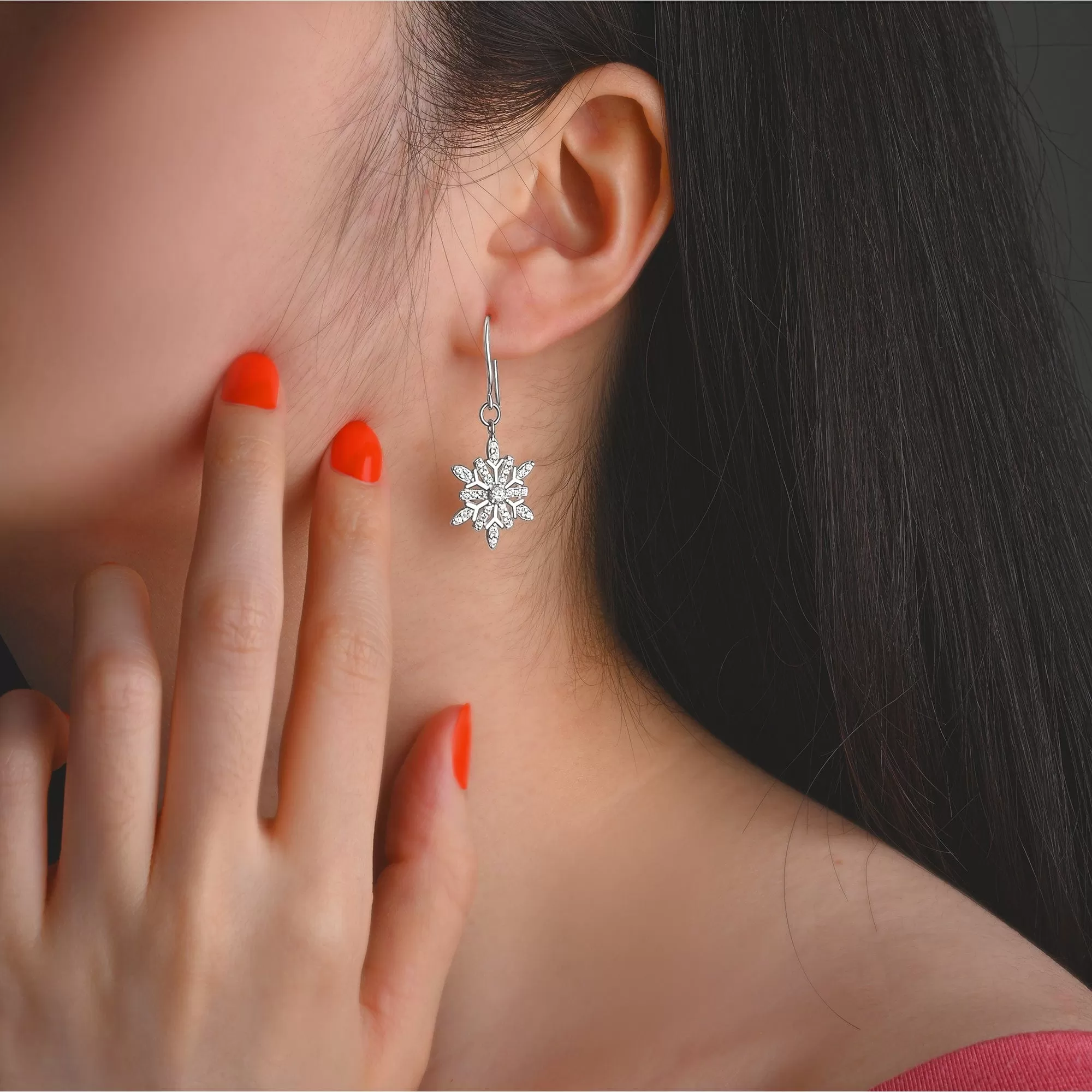 Frozen Winter CZ Snowflake Drop Earrings Silver