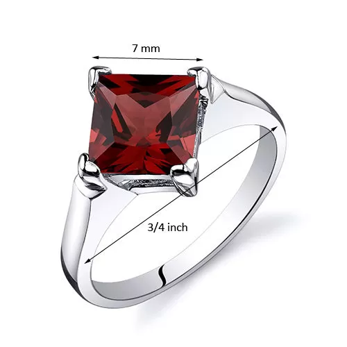 Garnet Ring Sterling Silver Princess Shape 2 Carats Size 5