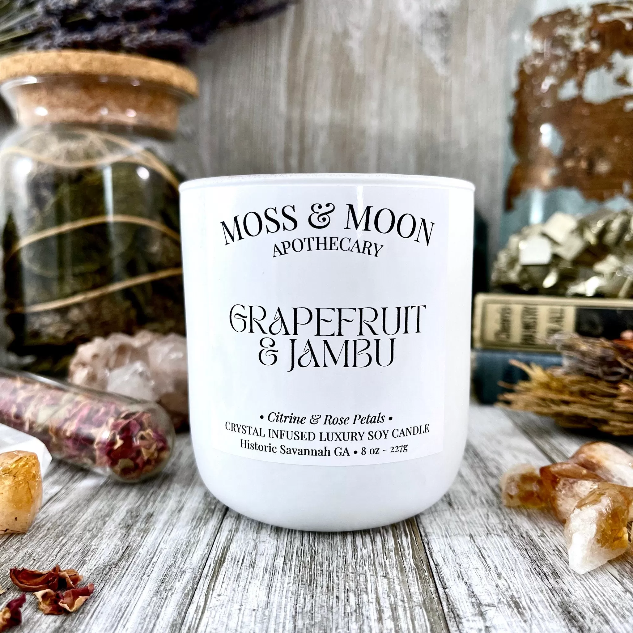 Grapefruit and Jambu Candle with Raw Citrine - Moss & Moon Apothecary Luxury Soy Crystal Candle /