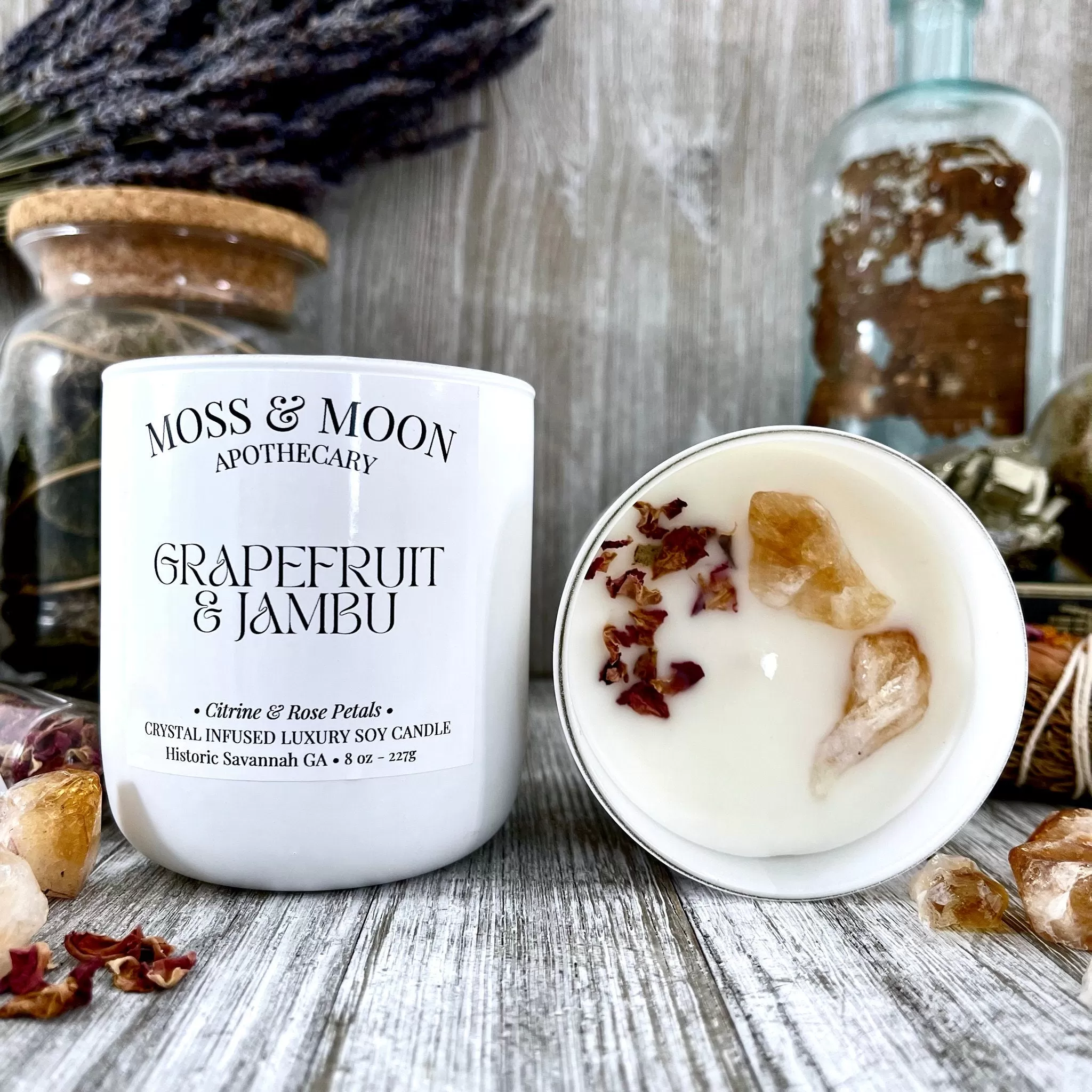 Grapefruit and Jambu Candle with Raw Citrine - Moss & Moon Apothecary Luxury Soy Crystal Candle /