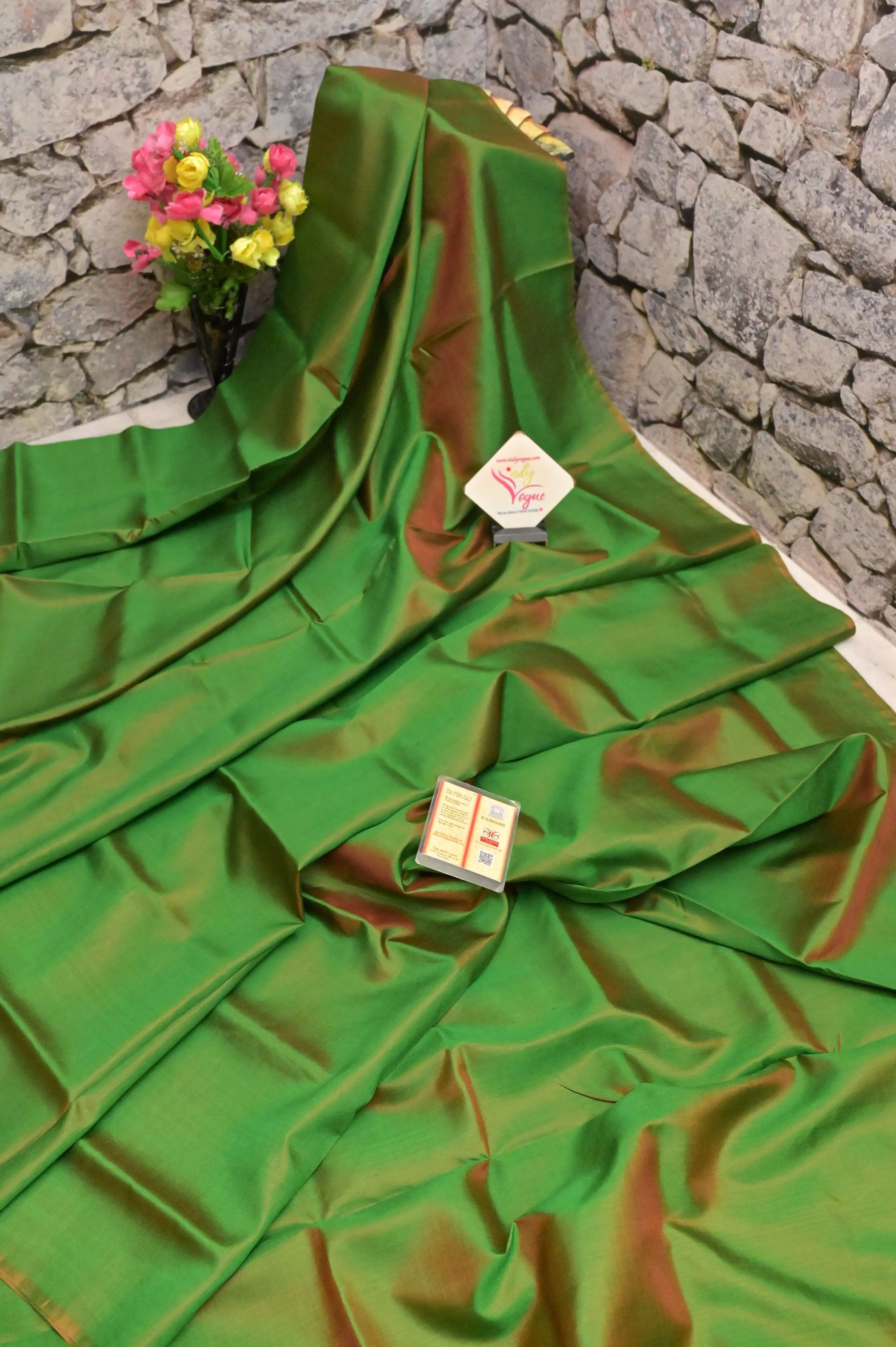 Green and Rust Color Dual Tone Bishnupur Katan Silk Saree with Hand-Painted Blouse Piece