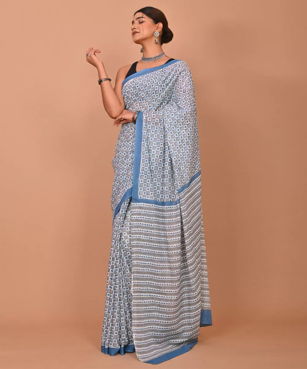 Grey indigo hand printed bagru cotton saree