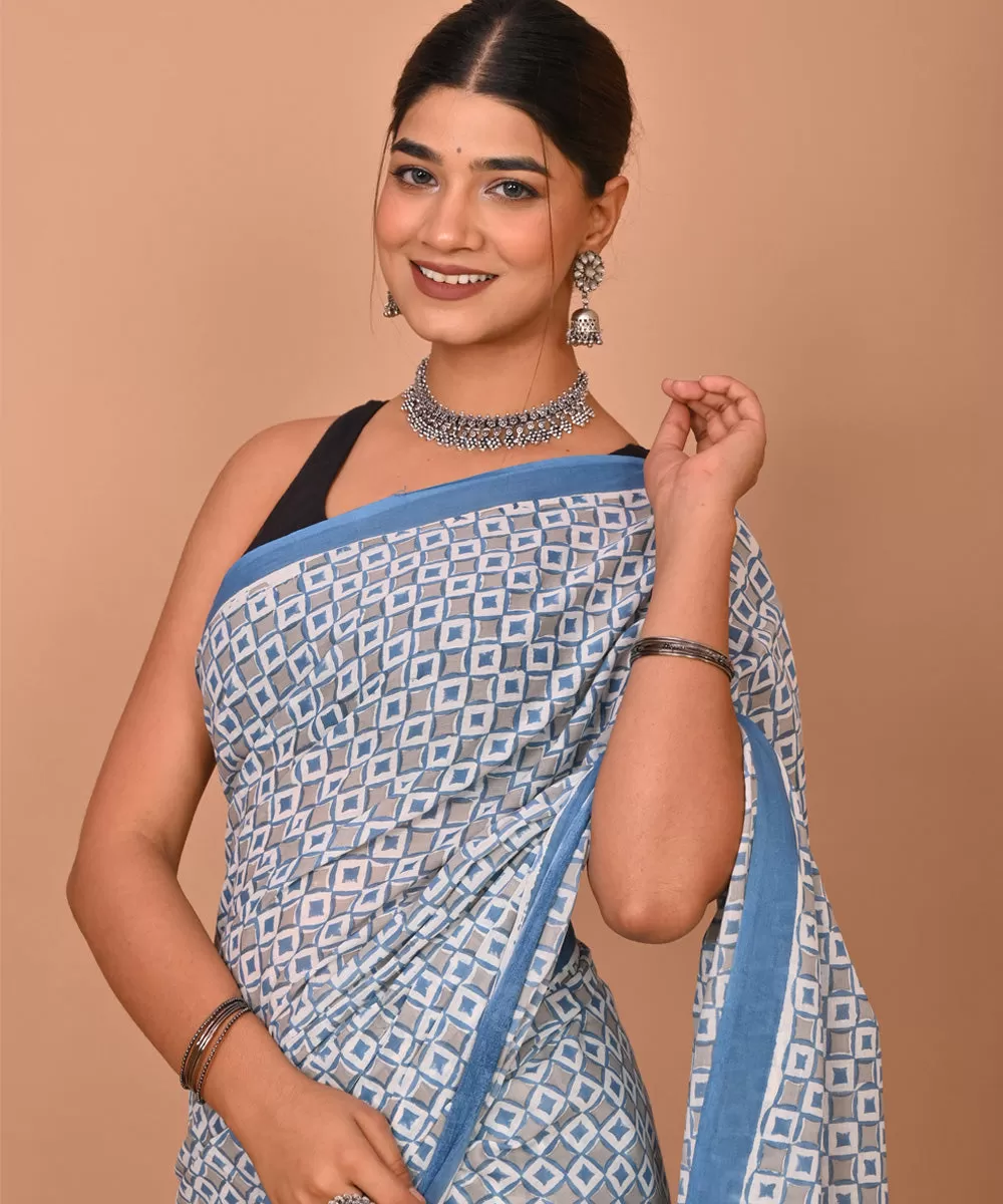 Grey indigo hand printed bagru cotton saree