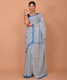 Grey indigo hand printed bagru cotton saree