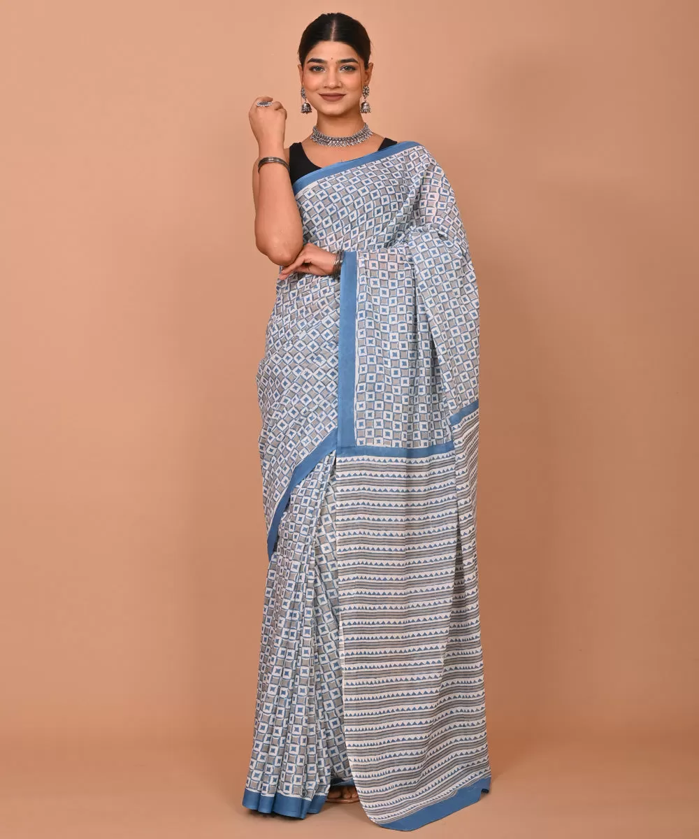 Grey indigo hand printed bagru cotton saree