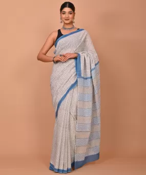 Grey indigo hand printed cotton bagru saree