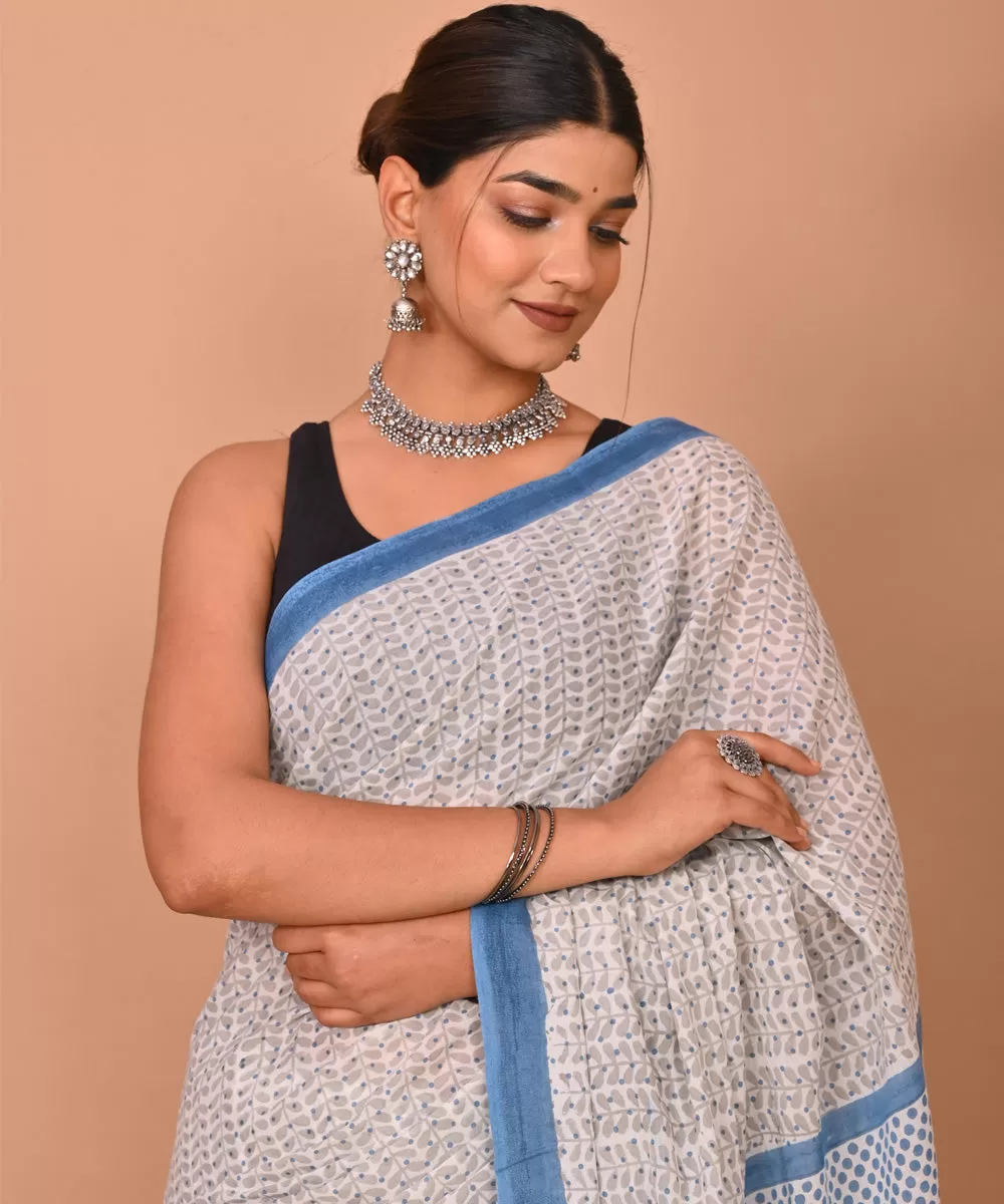 Grey indigo hand printed cotton bagru saree