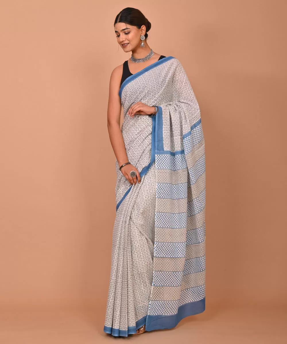 Grey indigo hand printed cotton bagru saree