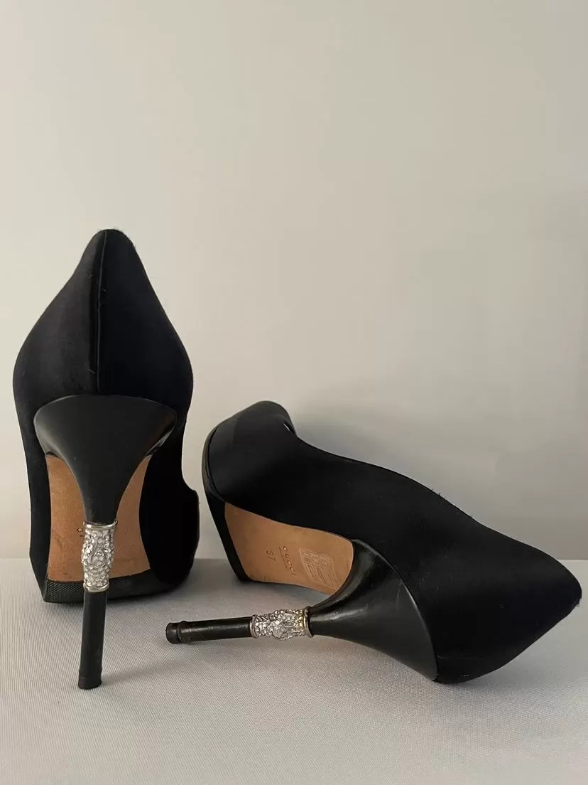 GUCCI Black Satin Crystal Bamboo Platform Peep Toe Pumps