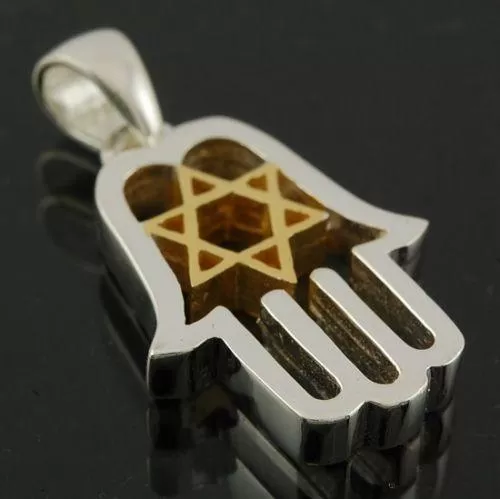 Hamsa Pendant in Sterling Silver and Gold Star of David   Sterling Silver Chain