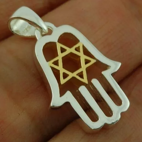 Hamsa Pendant in Sterling Silver and Gold Star of David   Sterling Silver Chain