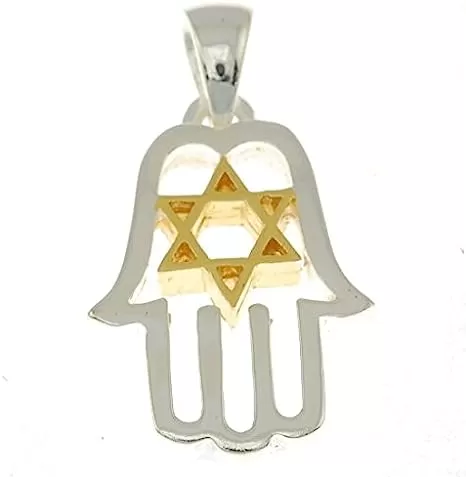 Hamsa Pendant in Sterling Silver and Gold Star of David   Sterling Silver Chain