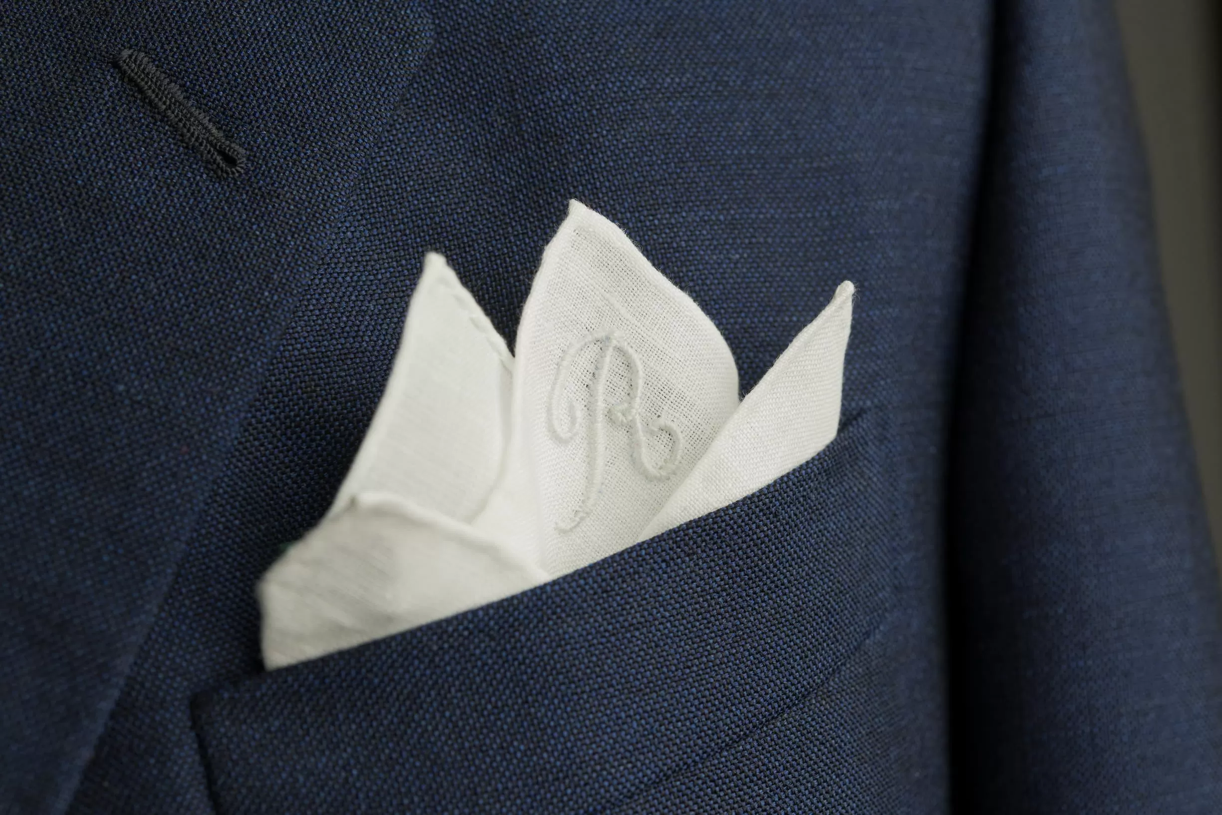 Hand-Embroidered Initial F White Linen Pocket Square