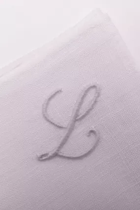 Hand-Embroidered Initial L White Linen Pocket Square