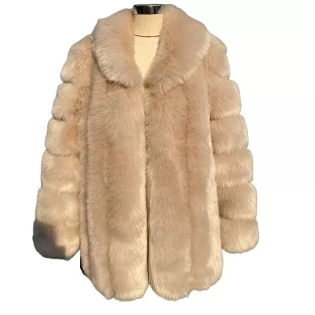 HQL Design Women's Fine Fashion Premium Quality Elegant Champagne Gray Faux Fur Collar Coat Jacket