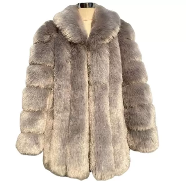 HQL Design Women's Fine Fashion Premium Quality Elegant Champagne Gray Faux Fur Collar Coat Jacket