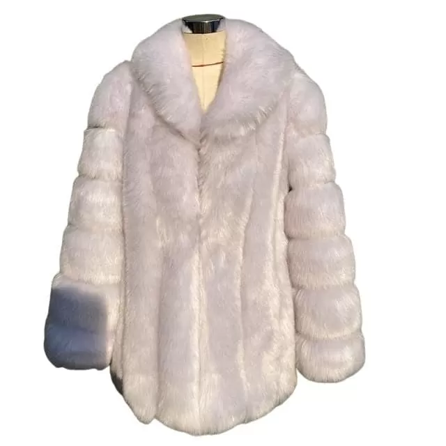 HQL Design Women's Fine Fashion Premium Quality Elegant Champagne Gray Faux Fur Collar Coat Jacket