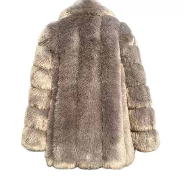 HQL Design Women's Fine Fashion Premium Quality Elegant Champagne Gray Faux Fur Collar Coat Jacket