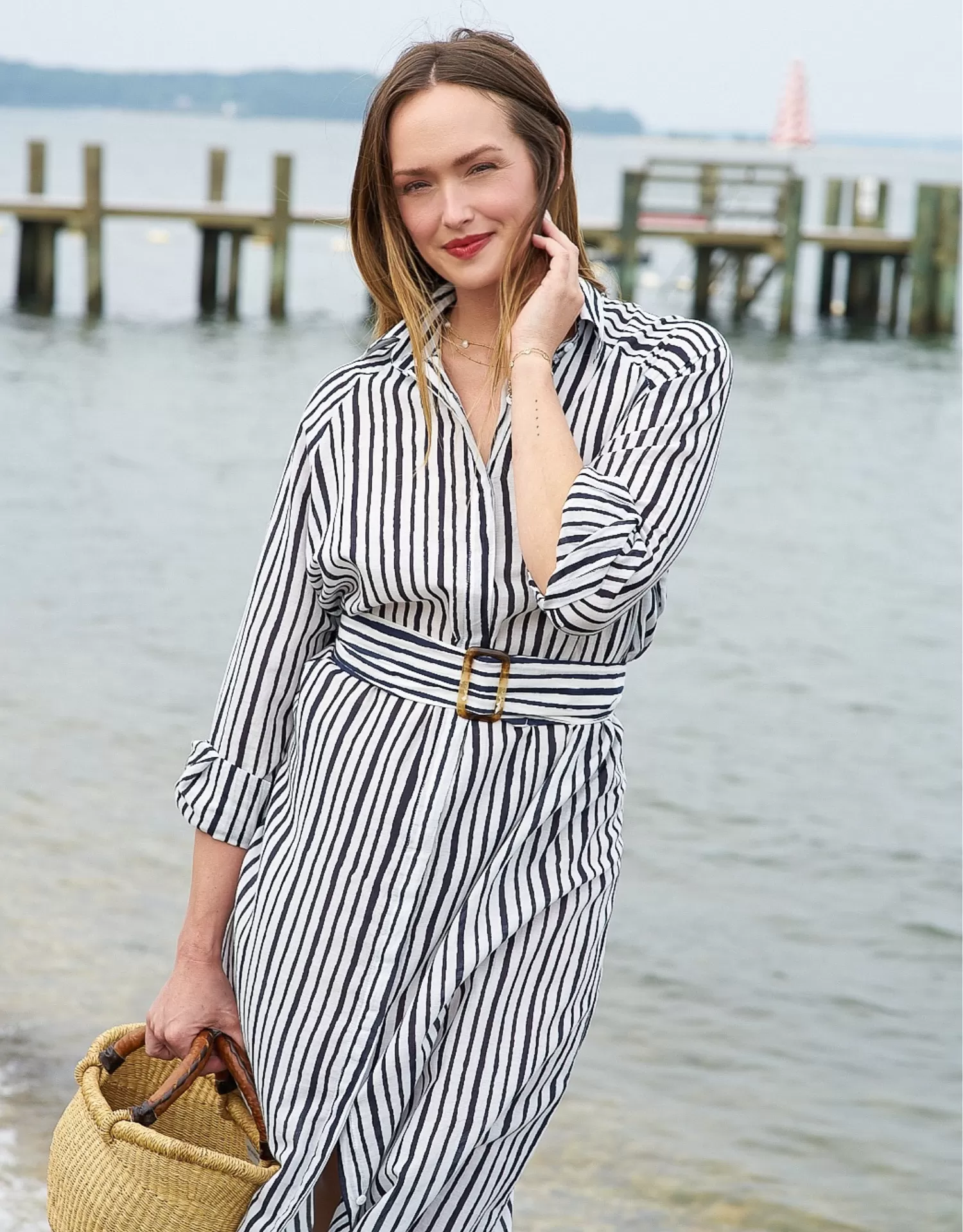 Jessie Shirt Dress with Belt in Scapello Stripe Royal Navy and White Cotton