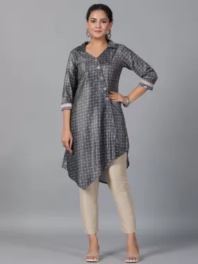 Juniper Green Geometric Printed Velvet Asymmetric Kurta.