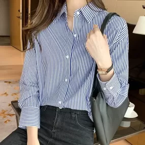 Korean Loose Shirt Classic Striped Woman Spring Autumn Blouses Shirt Lady Long Lantern Sleeve Stand Collar Loose Blusas Tops