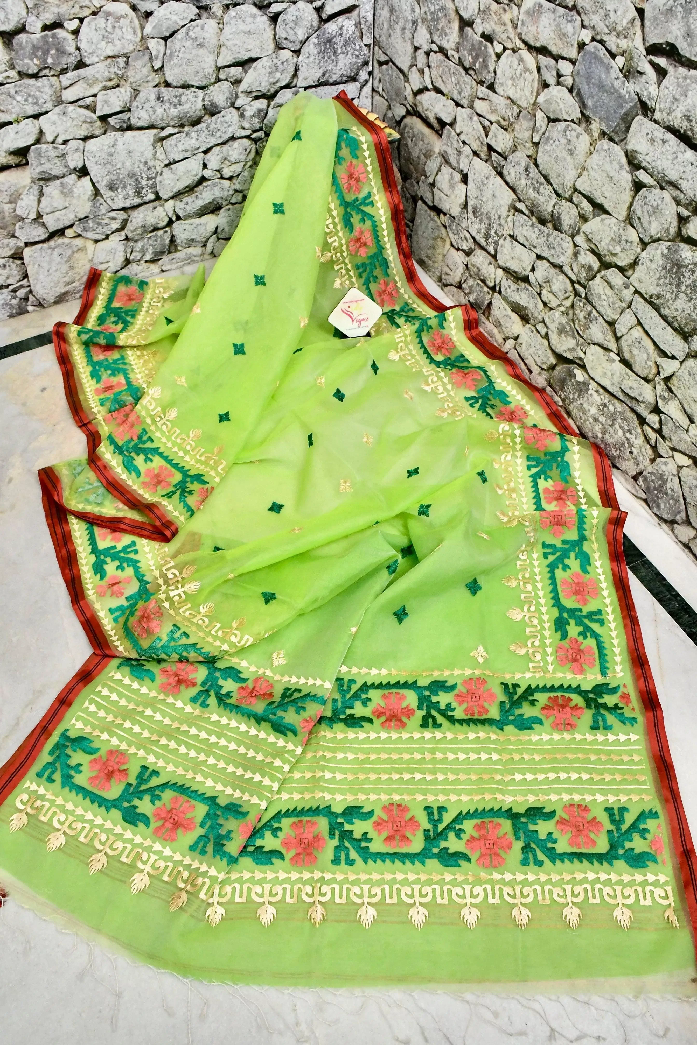 Light Green Color Muslin Jamdani Saree with Embroidery