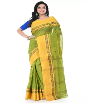 Light green yellow handwoven tangail cotton saree