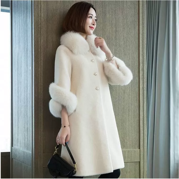 LUGENTOLO Women's Fine Fashion Elegant Ivory White Faux Fur Coat Jacket With Collar & Arm Plush Fur