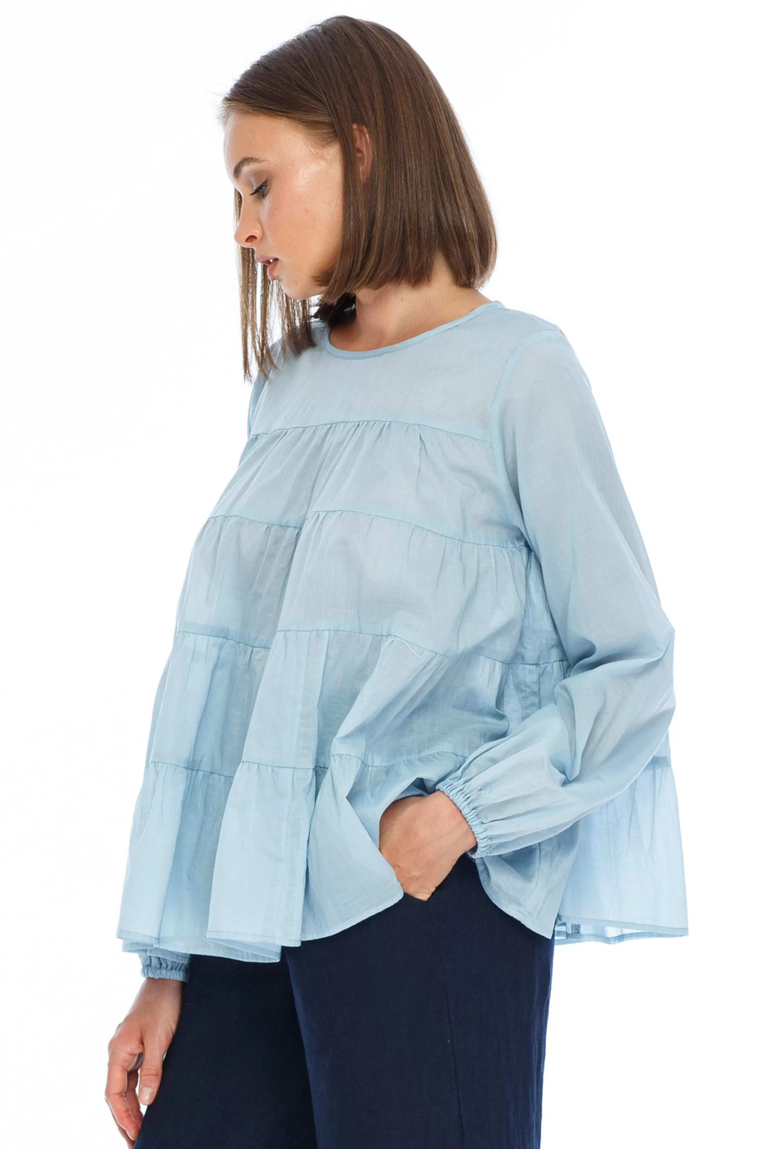 Magnolia Shirred Cotton Voile Blue Top