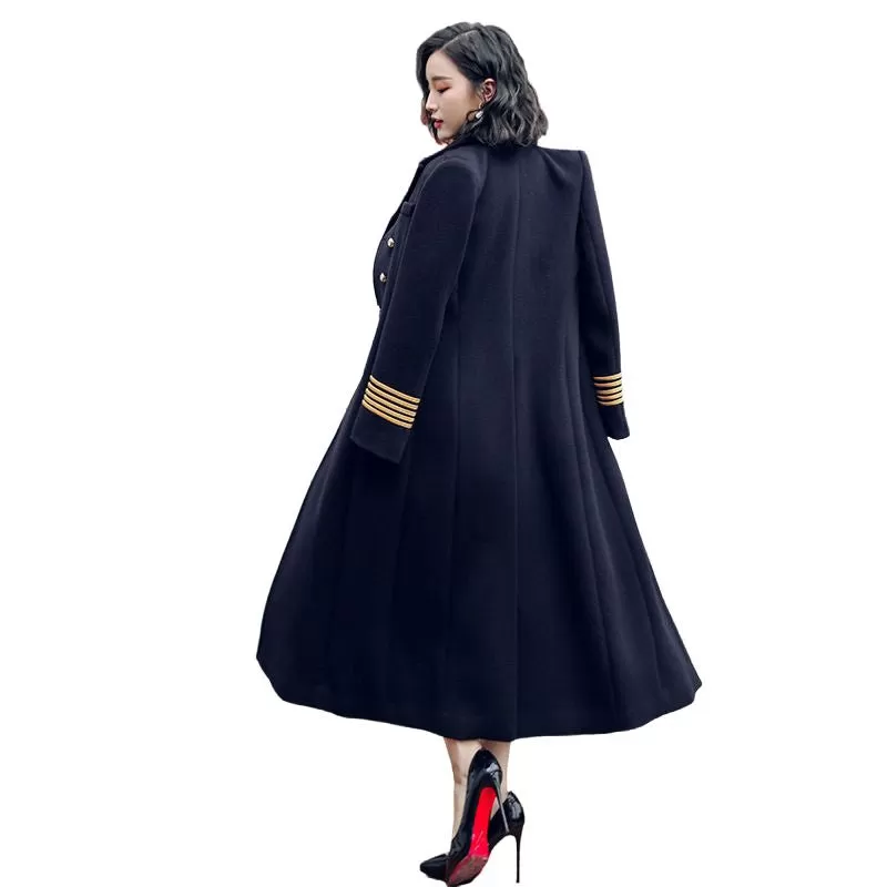 MARISSA Design Women's Fine Fashion Elegant Navy Blue Long Luxury Military Style Wool Coat Jacket