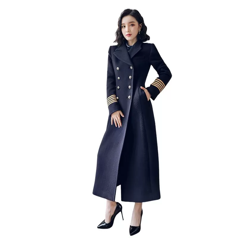 MARISSA Design Women's Fine Fashion Elegant Navy Blue Long Luxury Military Style Wool Coat Jacket